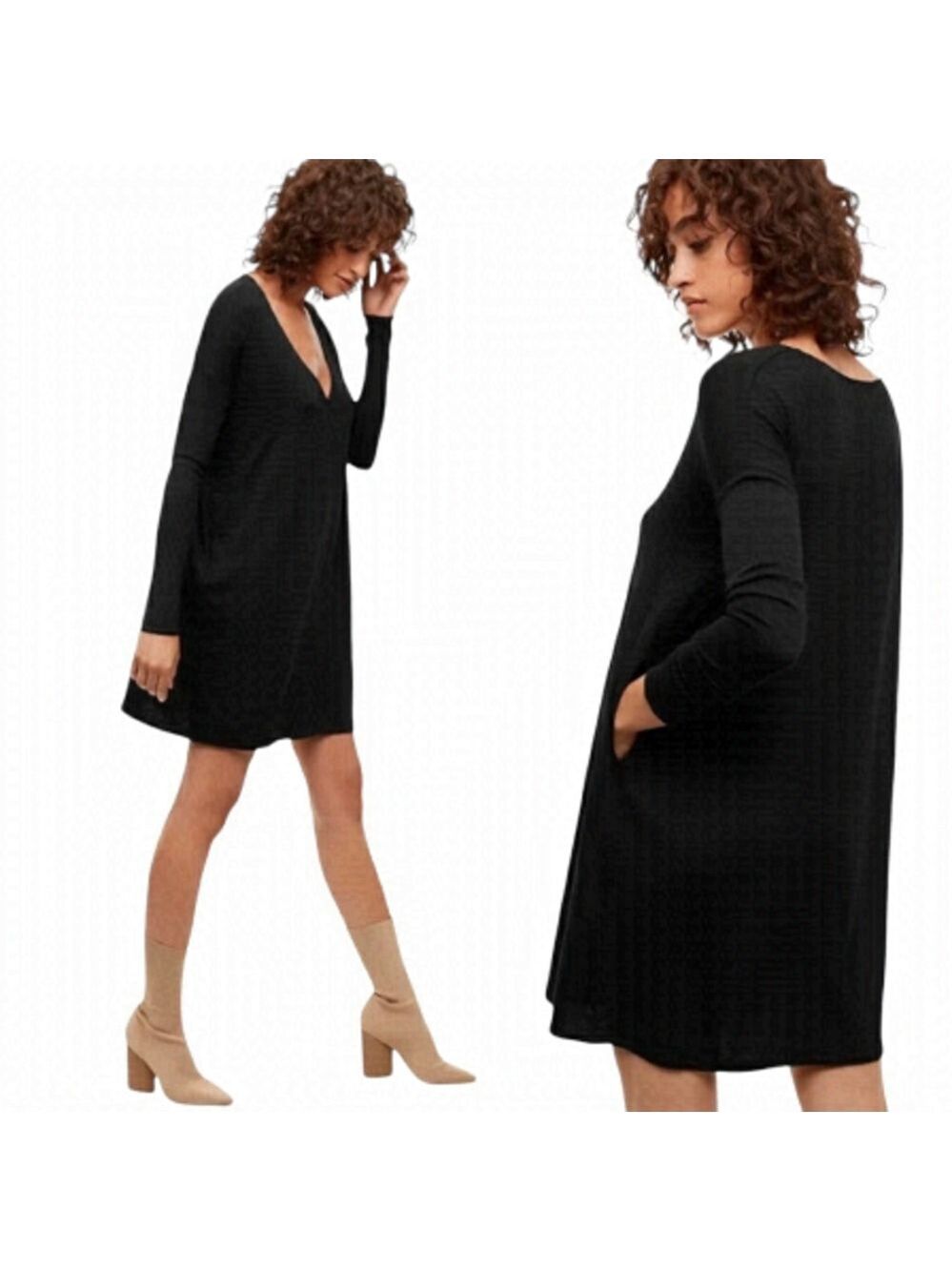 ARITZIA WILFRED FREE Black Mini Swing Dress in Reposa™ Fabric Side Pockets XS